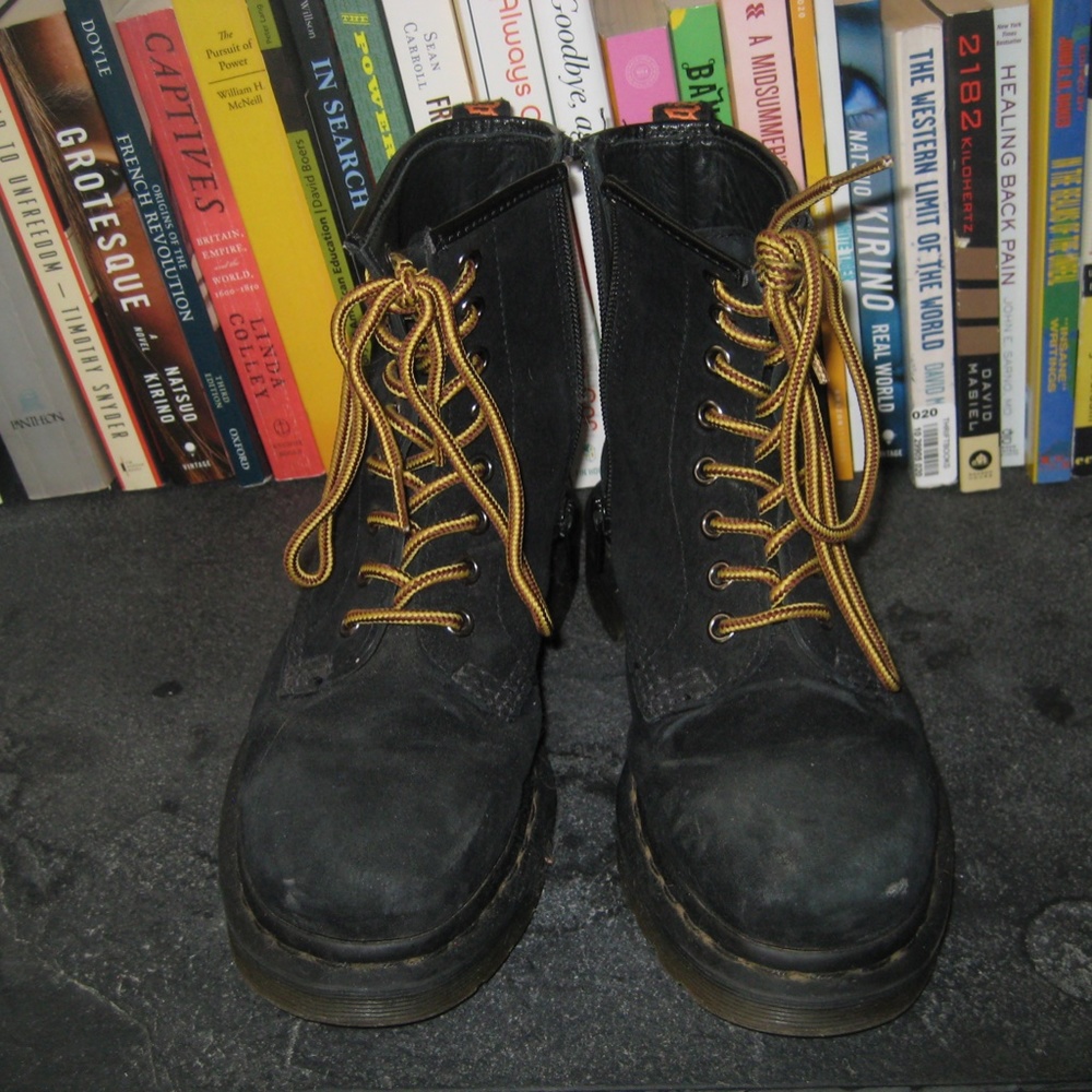 black suede Dr. Martens w/ side zip and Dr. Martens yellow/burgundy laces